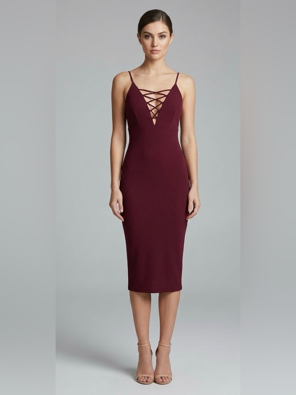 Revamped Burgundy Crisscross Lace-Up Bodycon Midi Dress Size Small